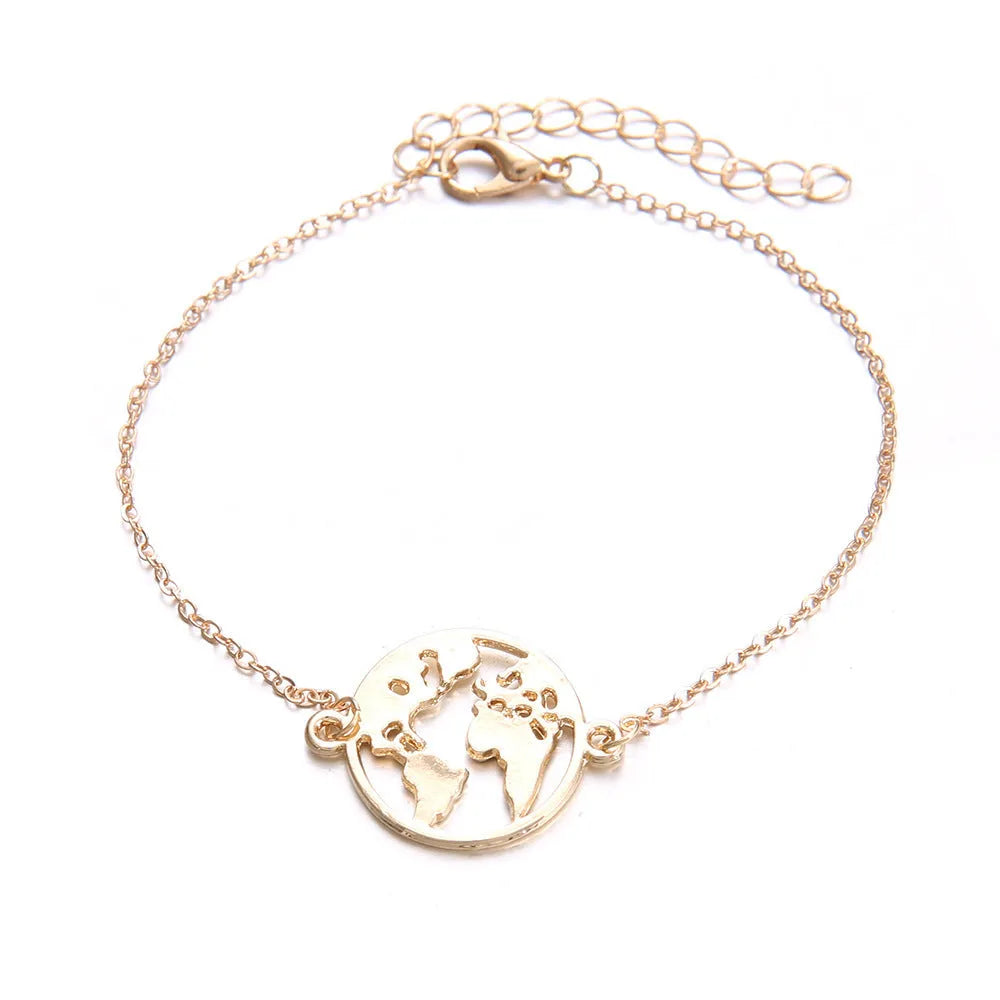 Three bohemian aircraft map charm bracelets with heart-shaped alloy charms in electroplated finish