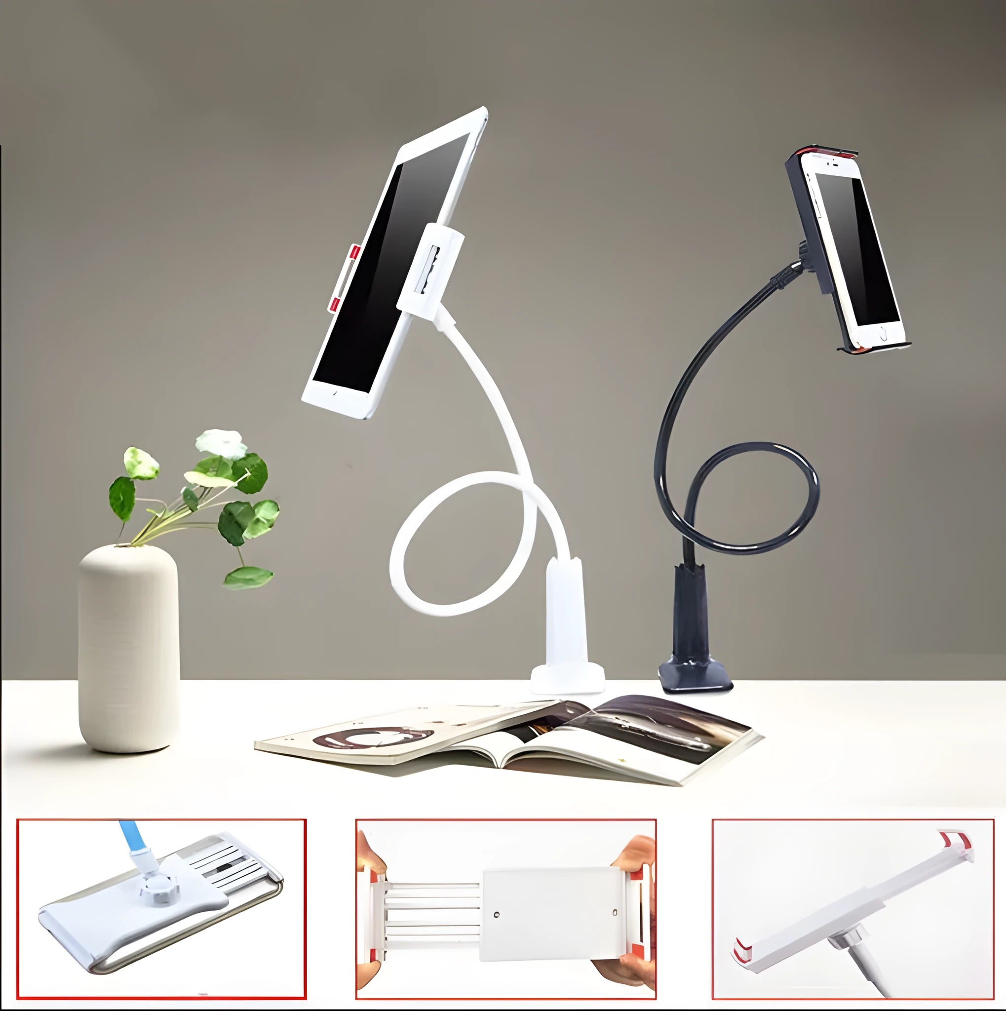 Black bedside phone handset with a long aluminium arm holding a mobile phone on a table.