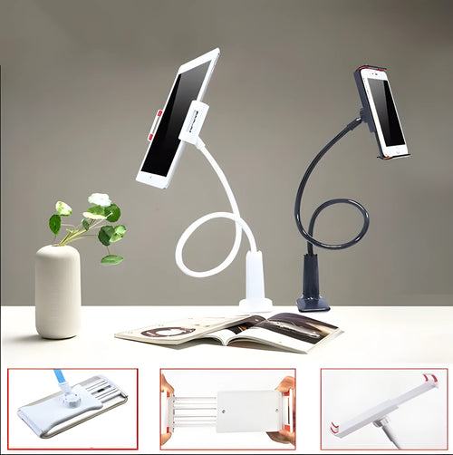Black bedside phone handset with a long aluminium arm holding a mobile phone on a table.