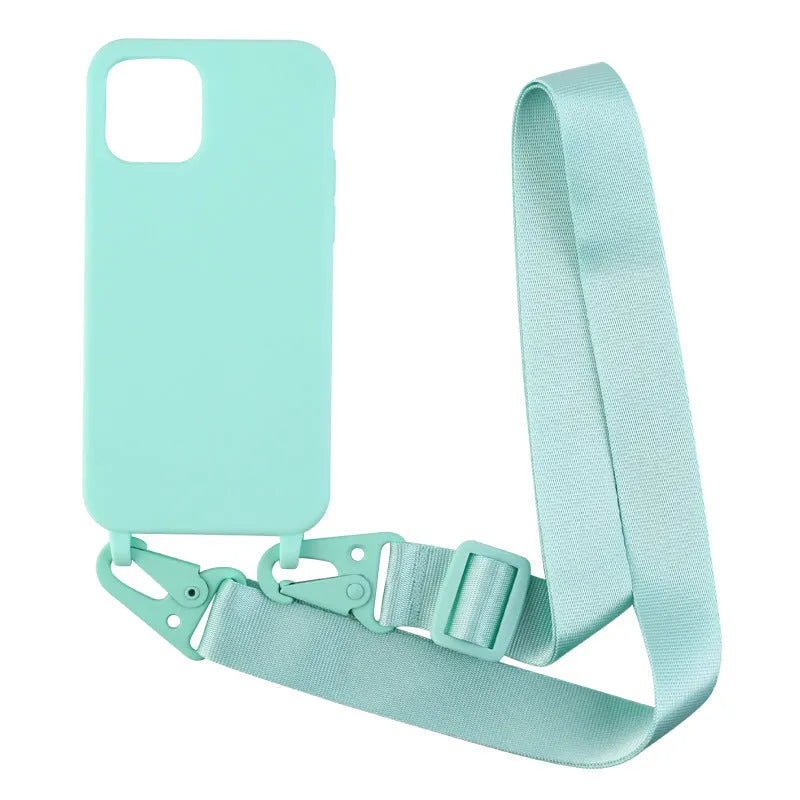 Black TPU buckle ribbon lanyard phone case protective sleeve with lanyard and opening for camera.