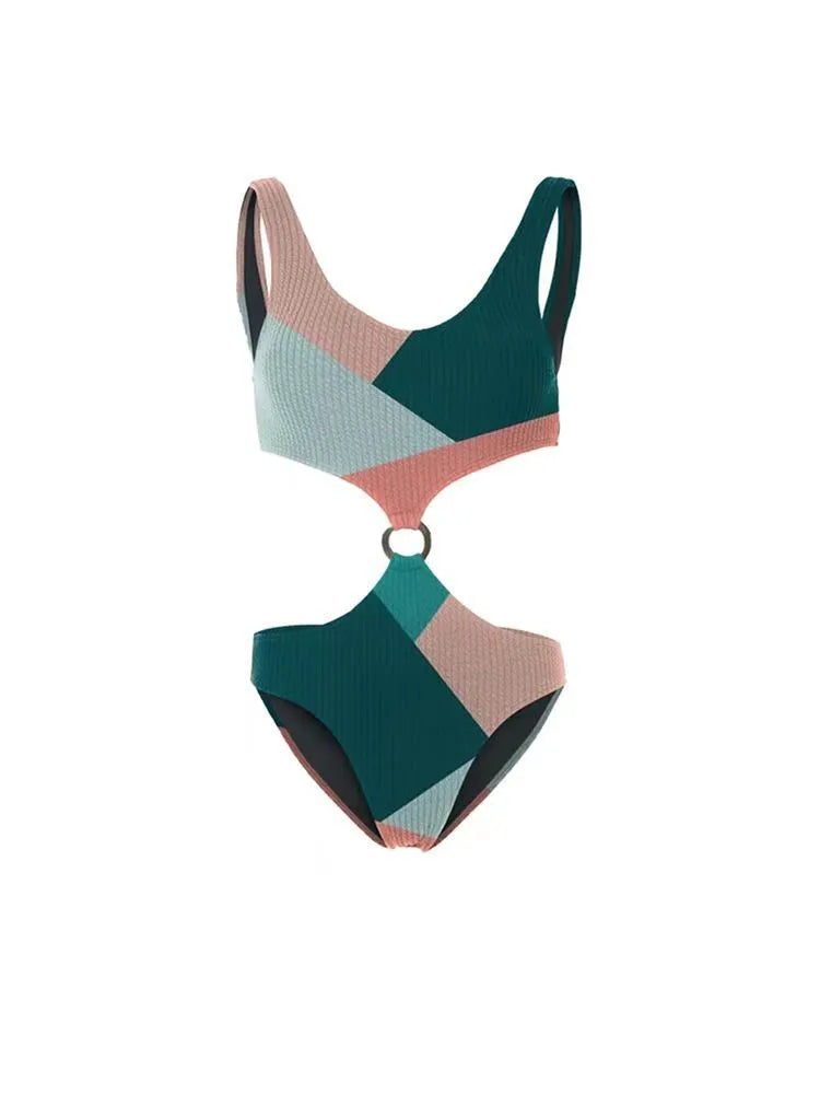 Women's colour contrast bikini set with cross-back design and mesh gauze skirt