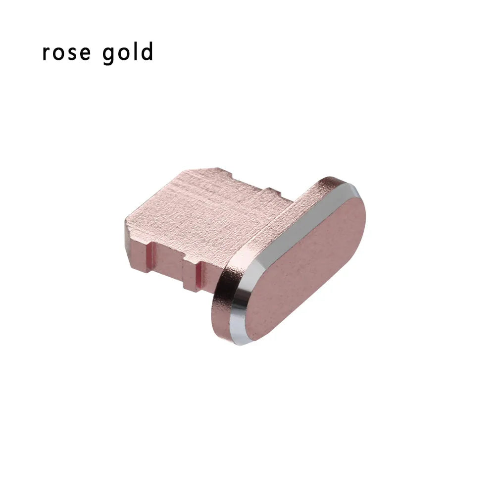 Aluminium alloy mobile phone charging port dust plug for iPhone, shown in multiple colours.