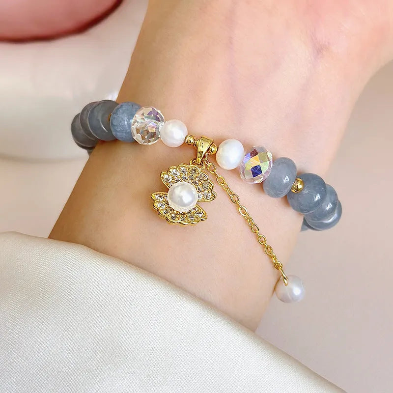 Handmade natural aquamarine pearl shell bracelet for women with manual crafting