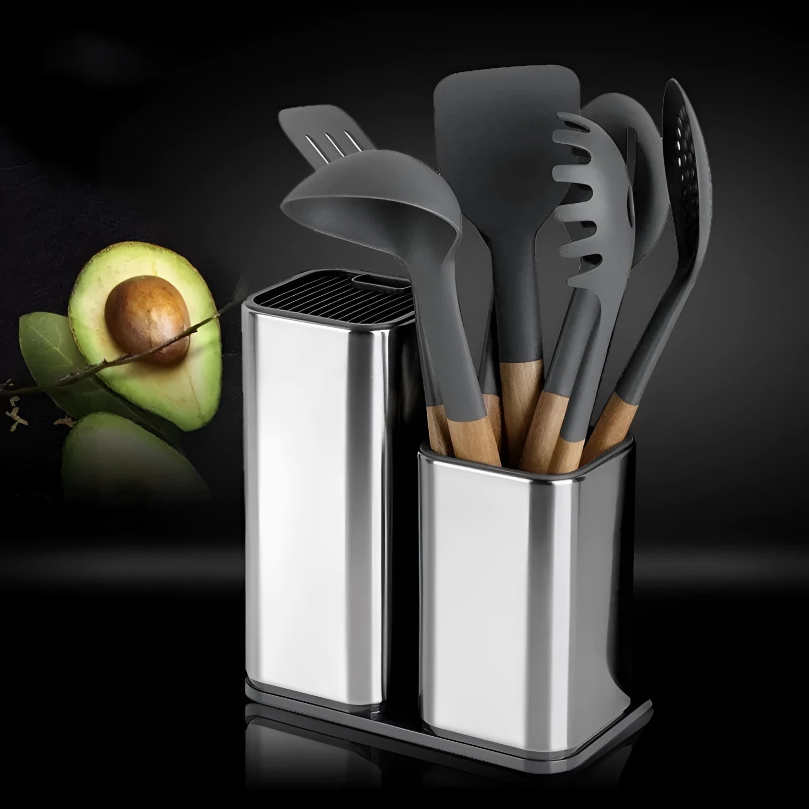 Stainless steel kitchen knife holder with storage bucket and detachable bottom