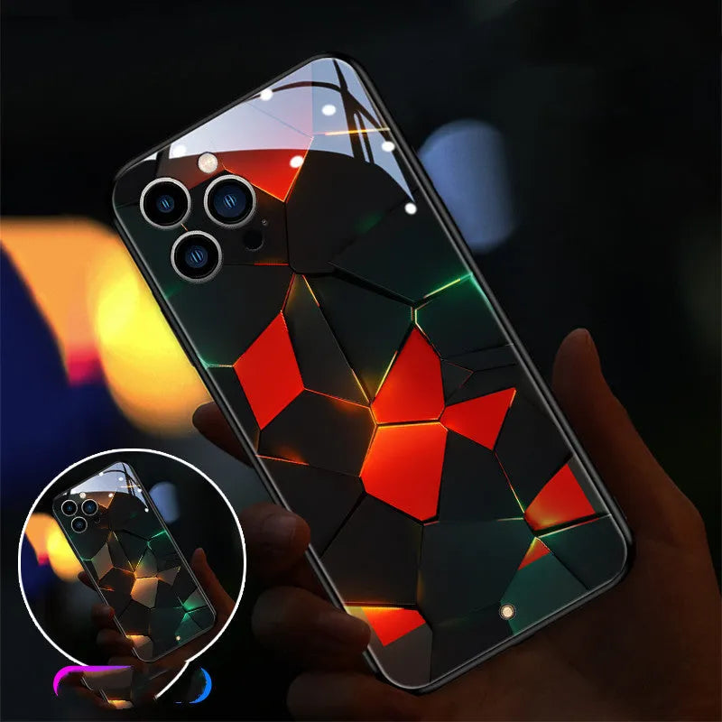 Clear tempered glass iPhone case with a light-up notification panel on the back.