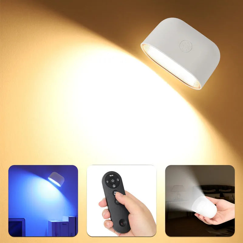Oval white remote control magnetic wall lamp with adhesive mount and USB charging cable