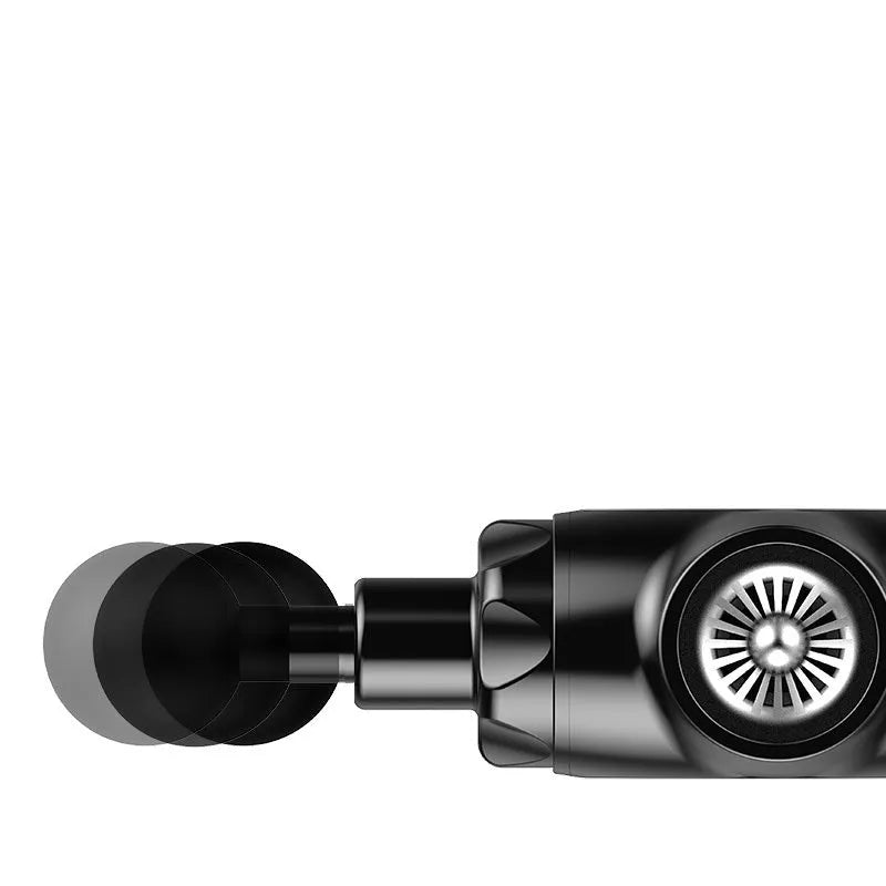 Black and white handheld muscle massager with adjustable speed control and lithium battery power