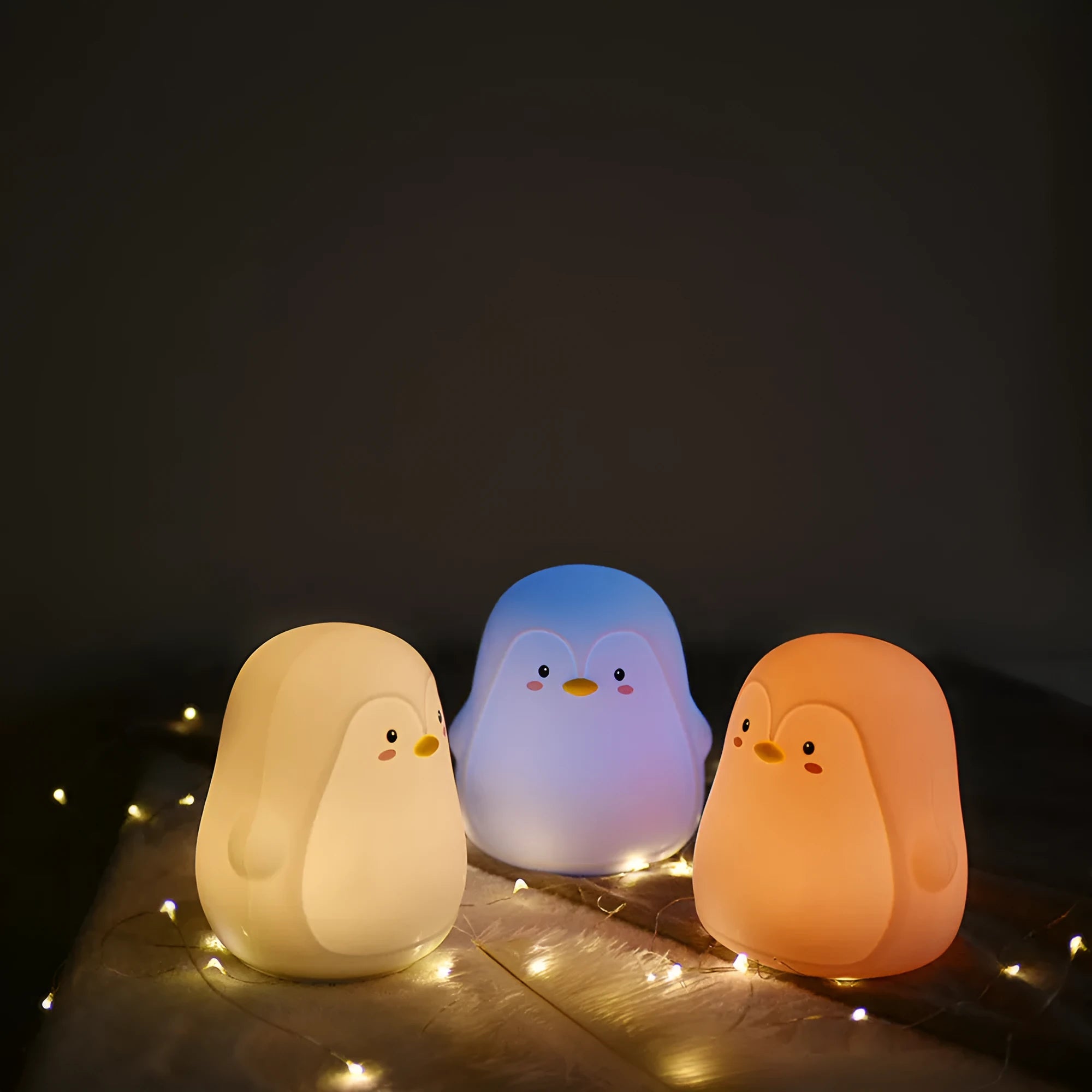 Penguin-shaped rechargeable night light with USB cable, white LED illumination, silicone ABS construction