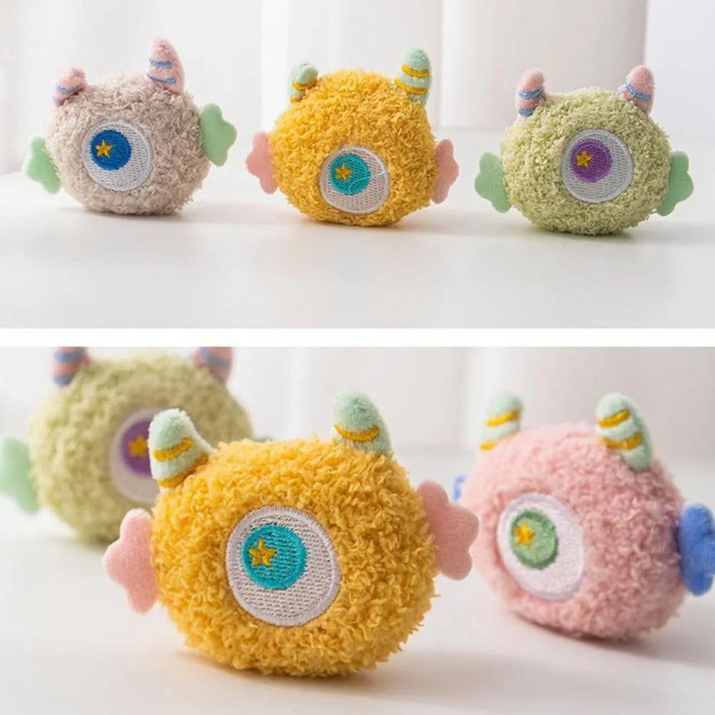 Cartoon-shaped plush dog chew toy with large eyes and squeaky sound feature