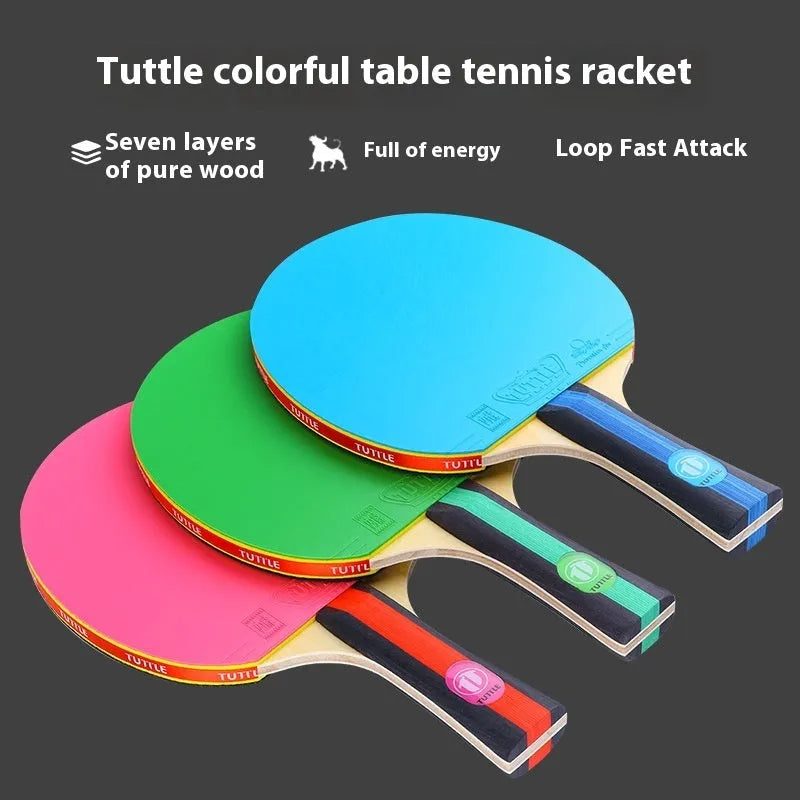A pink pure wood table tennis racket with a long shakehand grip handle next to its matching protective cover.