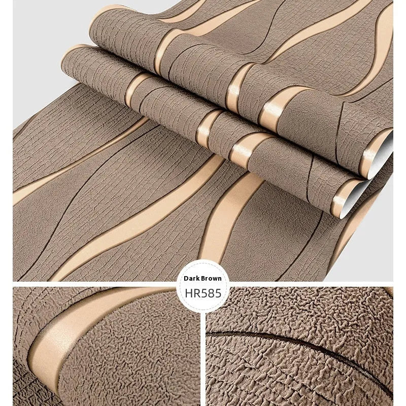 Close-up of dark brown curve stripe 3D wallpaper with a textured velvet surface.