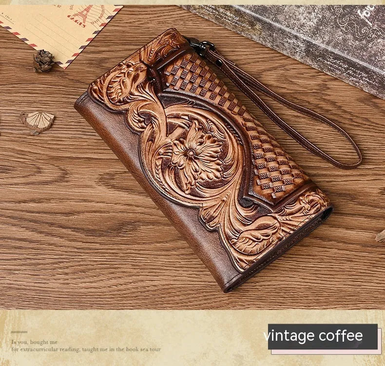 Retro brown embossed floral tri-fold wallet made from genuine cowhide leather.