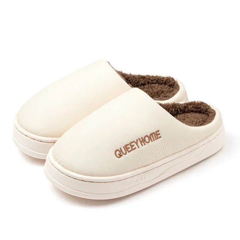 Men's winter fleece-lined slippers in brown with plush upper and non-slip PVC sole