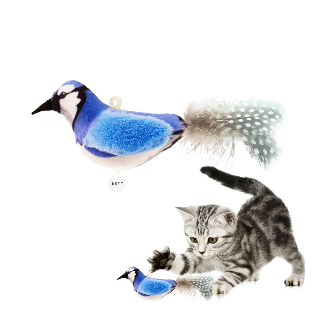 Simulated bird cat plush toy in blue kingfisher colour with lightweight plush construction