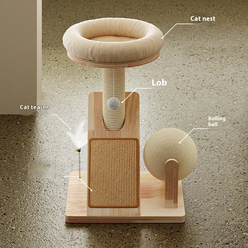 Jute-coloured cat climbing frame with sisal scratching surface and compact climbing structure