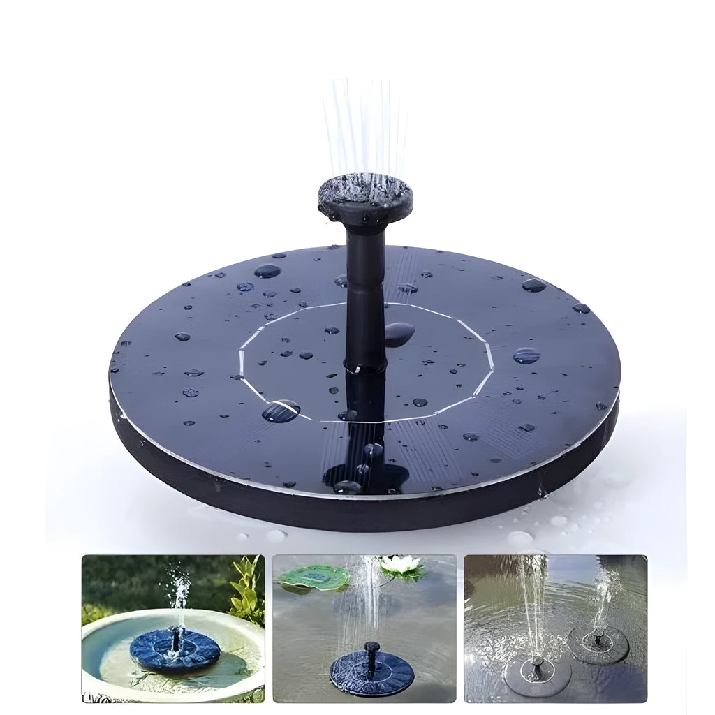 Black solar-powered garden fountain with four spray nozzles for bird baths and ponds