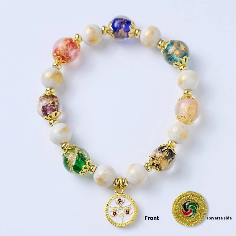 Handmade fragrant gray porcelain glaze bracelet with Five Gods of Wealth motif and geometric 10mm glass beads
