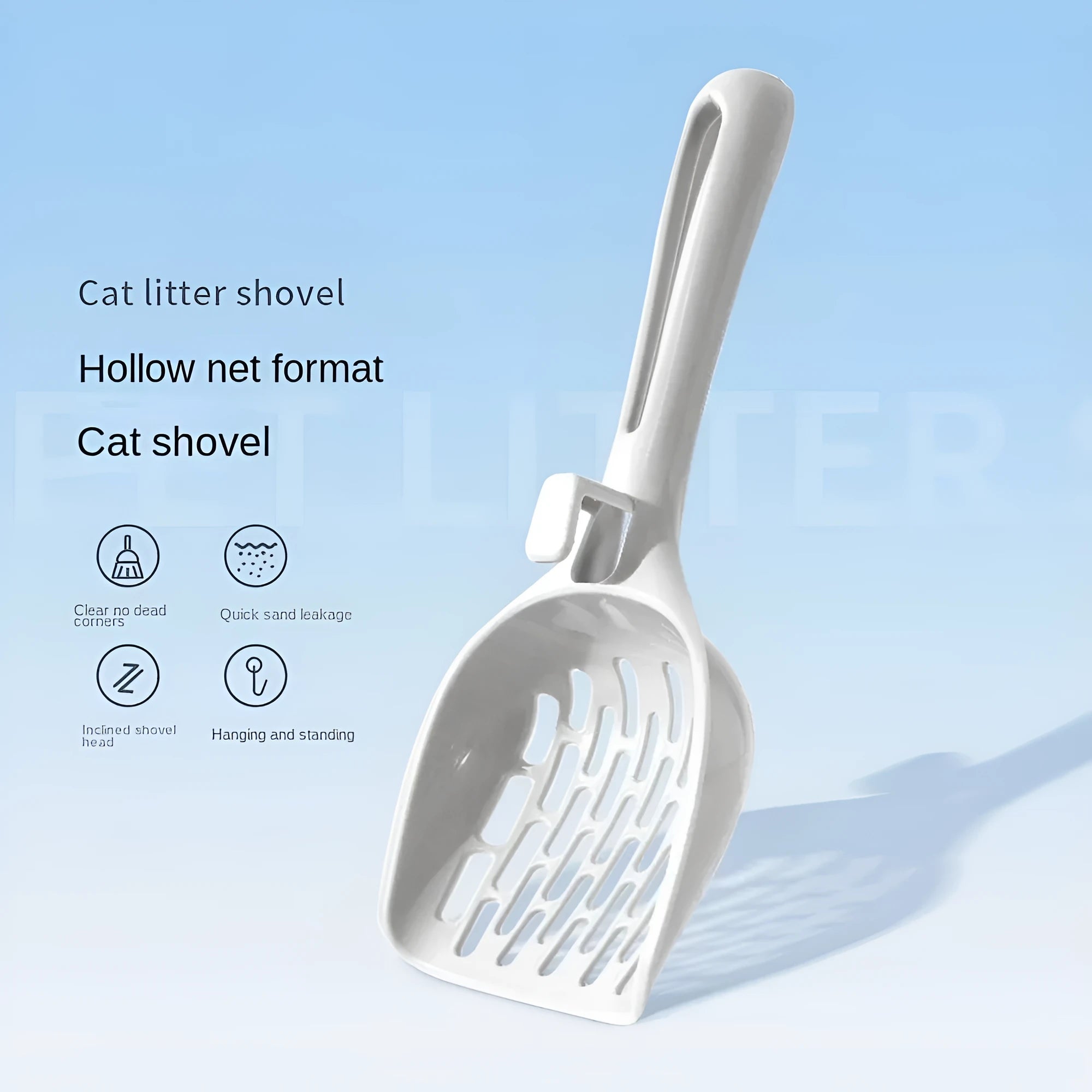 Grey plastic cat litter scoop standing upright in its matching storage base.