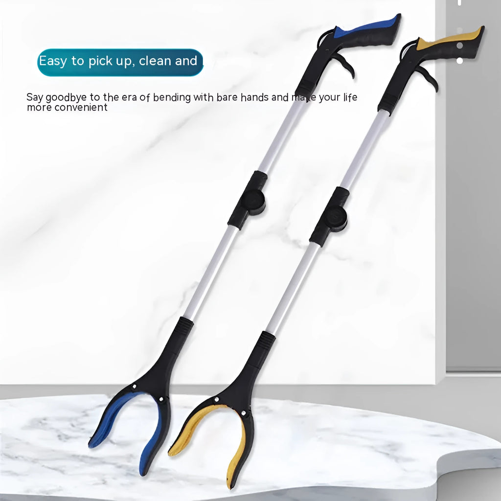 Foldable silver aluminium garbage clamp with blue handle, shown extended and with magnet sucker detail.