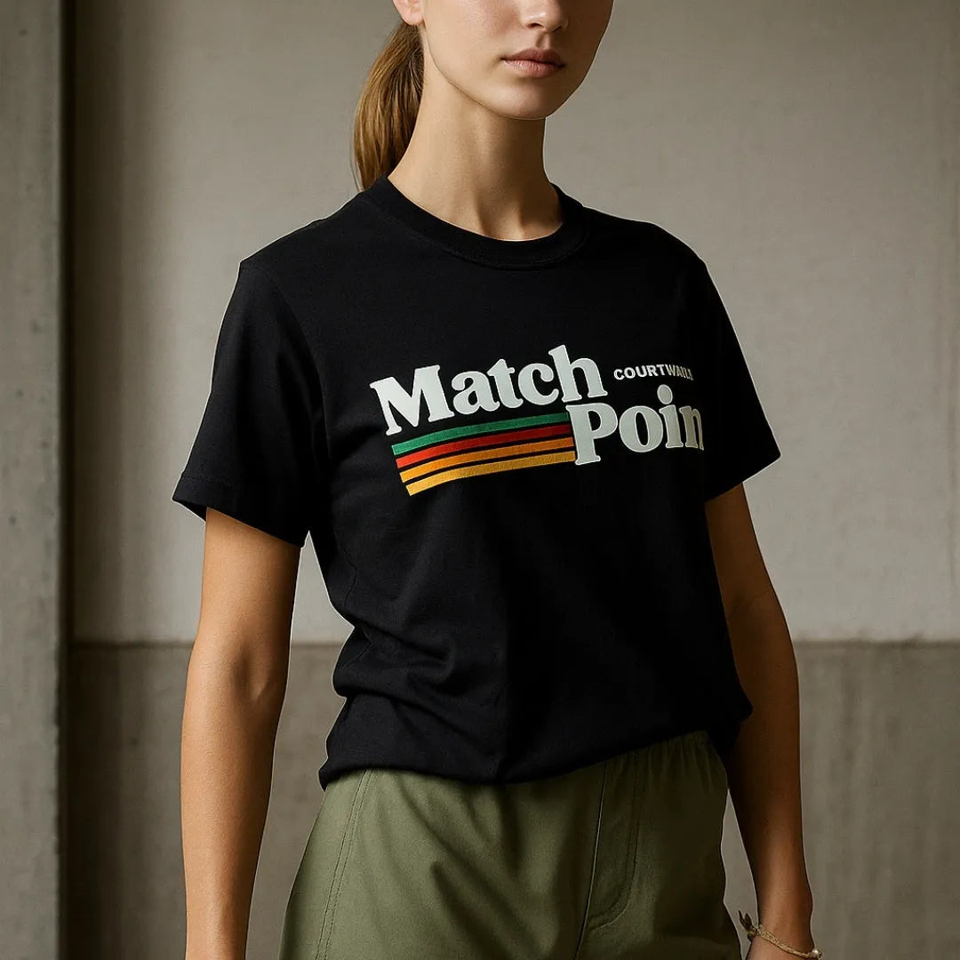 Black men's t-shirt with a white 3D digital printed text pattern on the front.