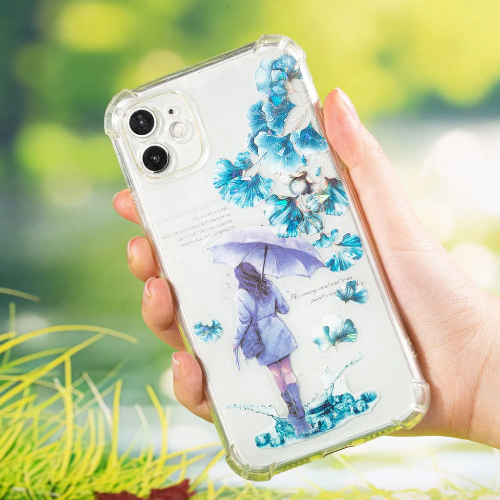 Roll of Deciduous Poetry Series clear PET decorative stickers showing leaf patterns in gentle ginkgo, blue fallen leaves, and other colours.