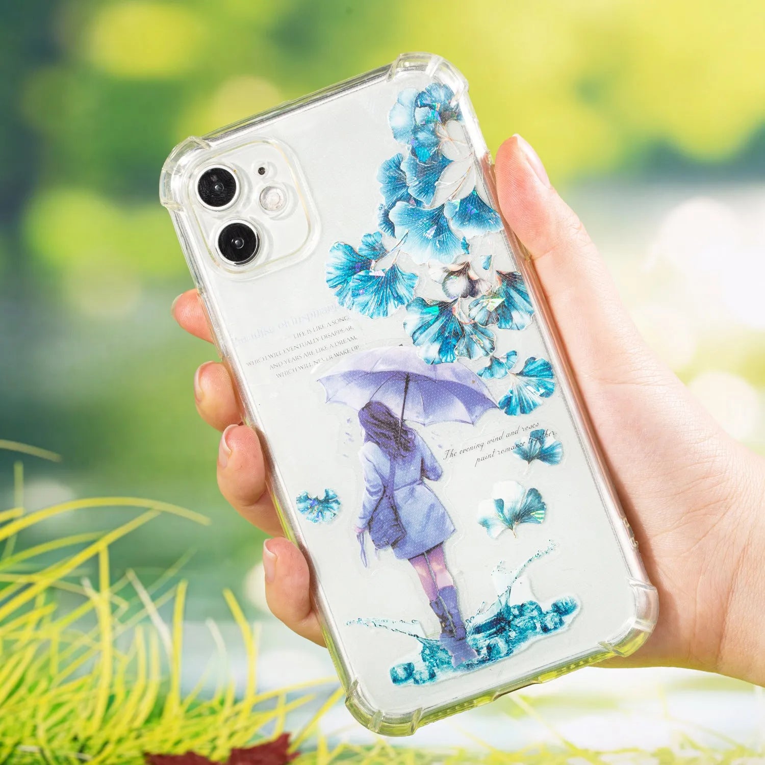 Roll of Deciduous Poetry Series clear PET decorative stickers showing leaf patterns in gentle ginkgo, blue fallen leaves, and other colours.