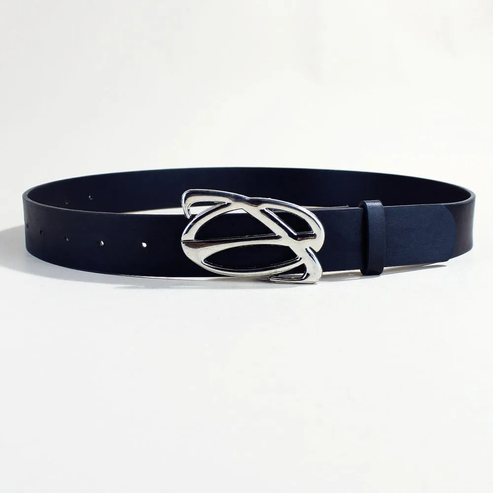 Men's silver buckle casual belt with PU leather strap measuring 105cm long