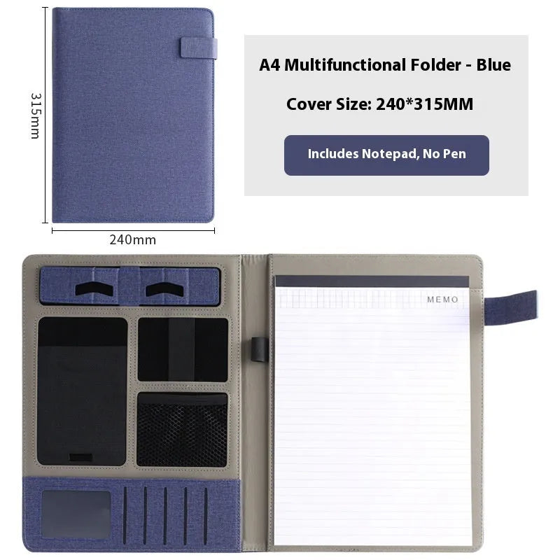 Black leather A4 multifunction folder for documents with optional pen and notepad.