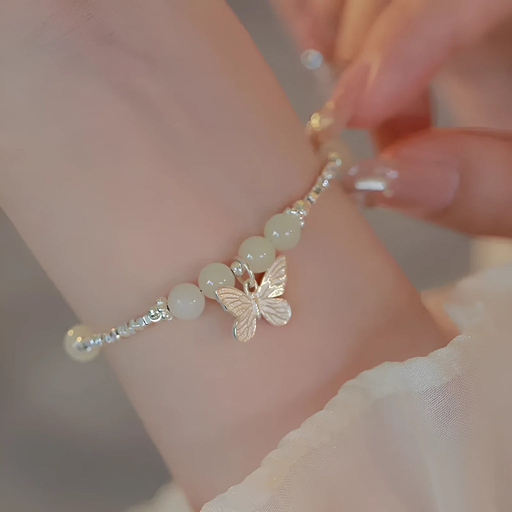 Hetian jade butterfly bracelet and necklace set with electroplated silver finish