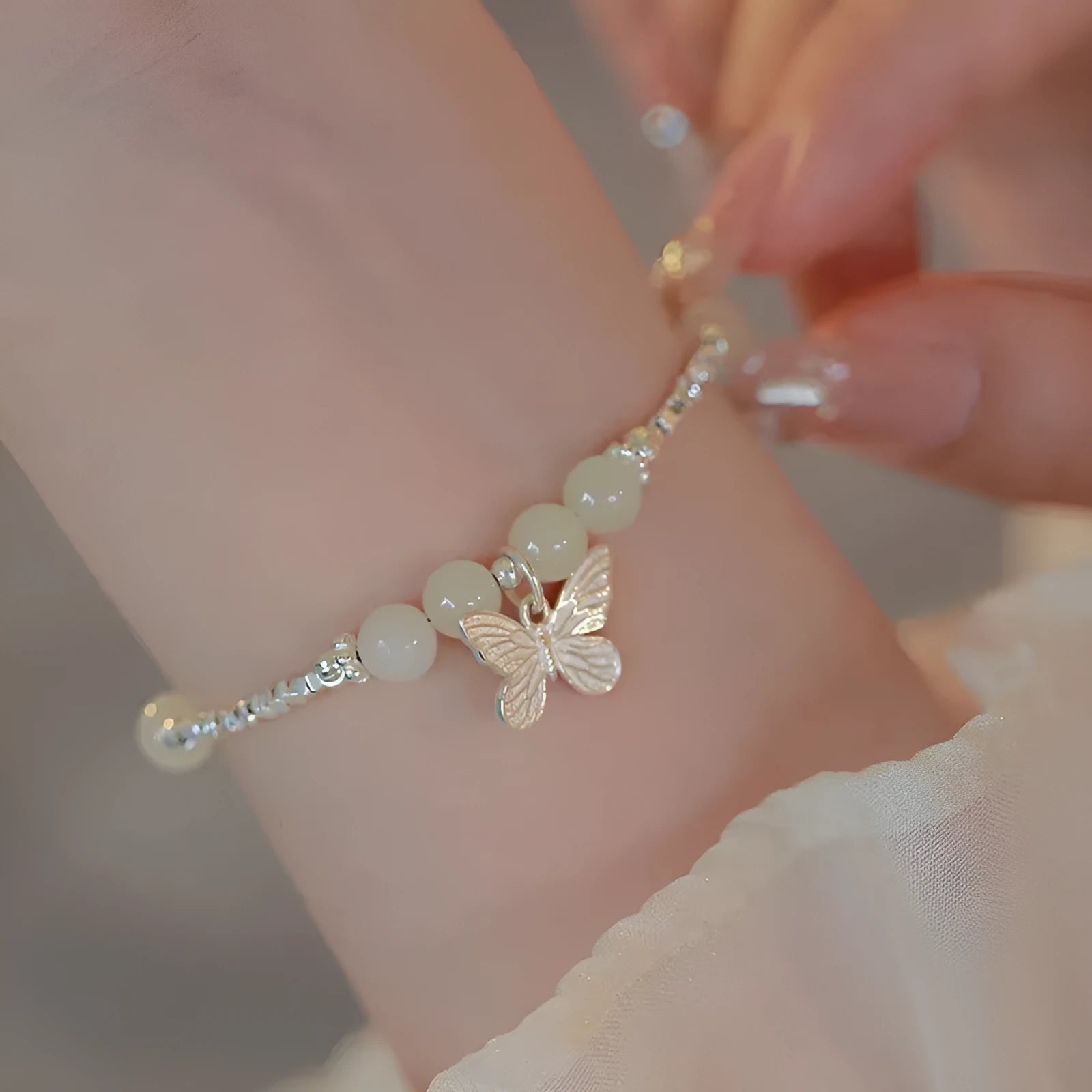 Hetian jade butterfly bracelet and necklace set with electroplated silver finish