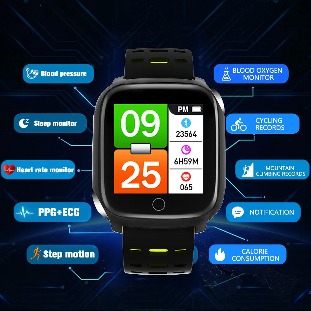 F16 smart watch with ECG monitoring for blood pressure and heart rate on silicone wristband