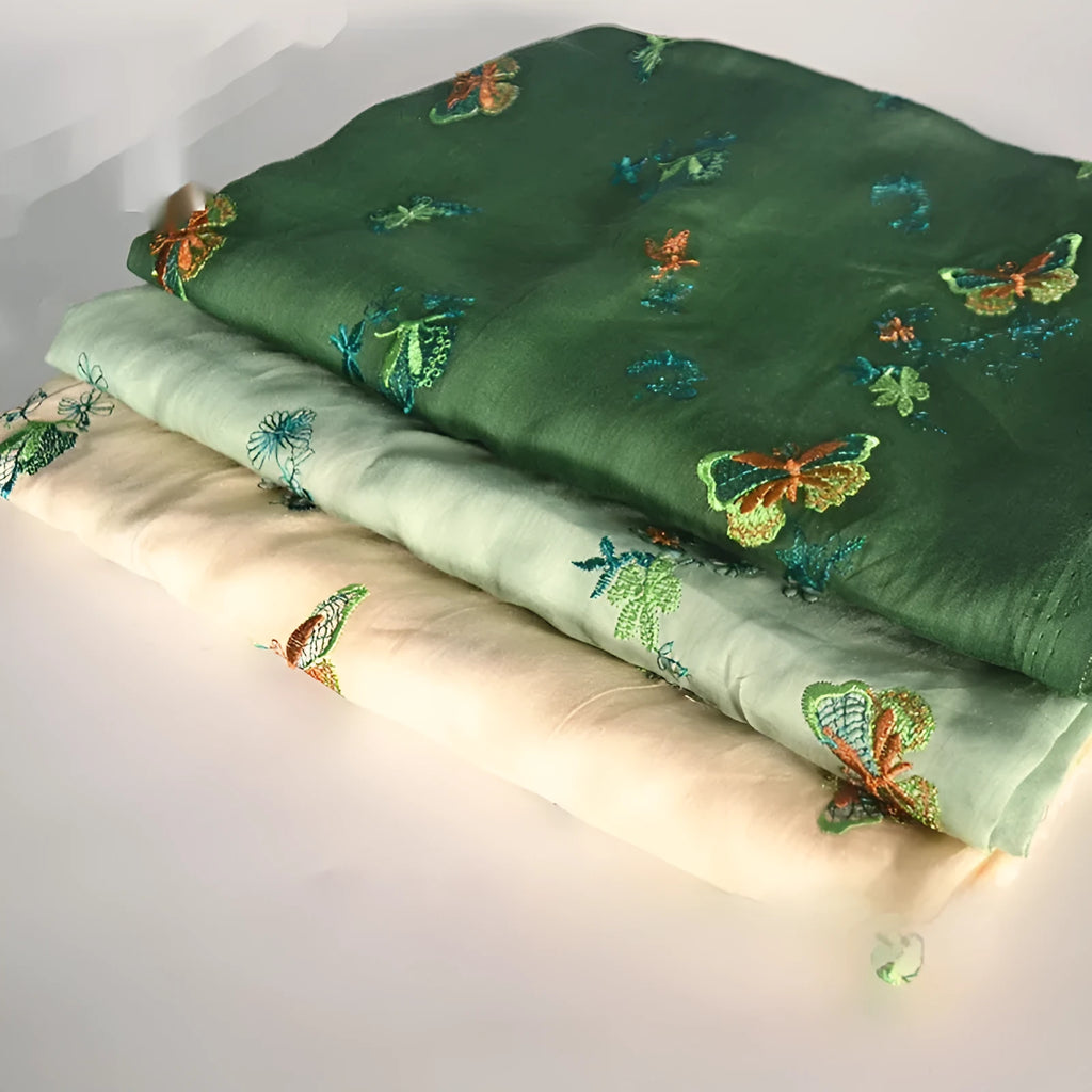 Ramie embroidery fabric for Hanfu sewing projects showing beige, grass green and dark green colour options