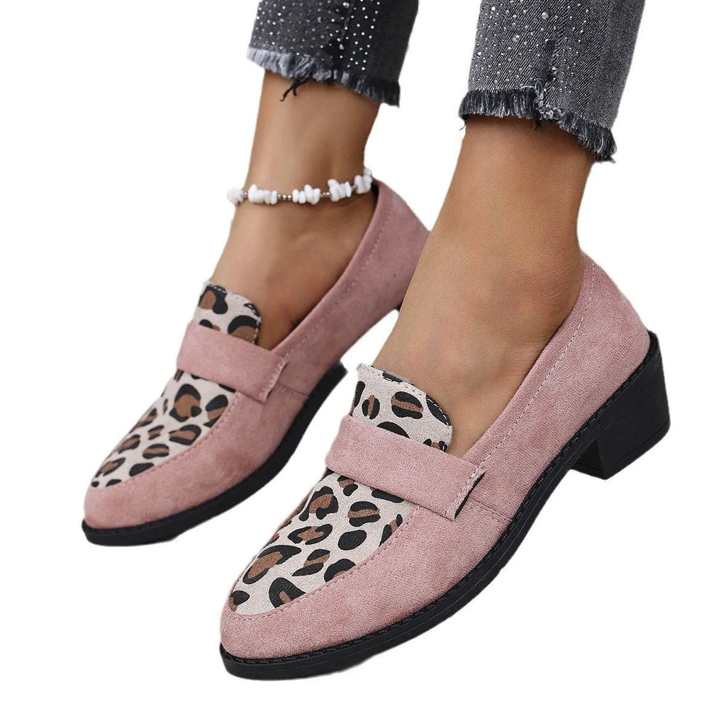 Leopard print suede slip-on casual shoes with chunky mid-heel and pointed toe