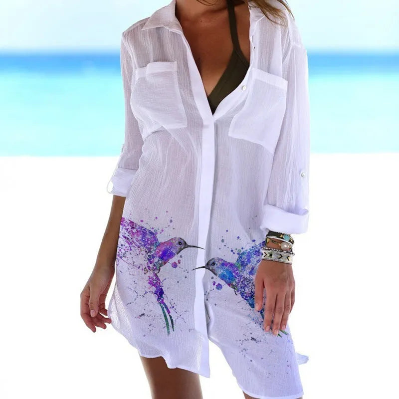 Women's 3D printed bird-and-flower pattern beach cover-up shirt in slim-fit cardigan style