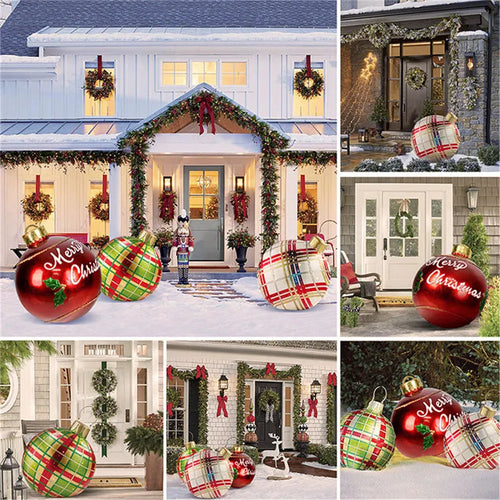 Large red and white striped inflatable PVC Christmas ball ornament with a 60cm diameter.
