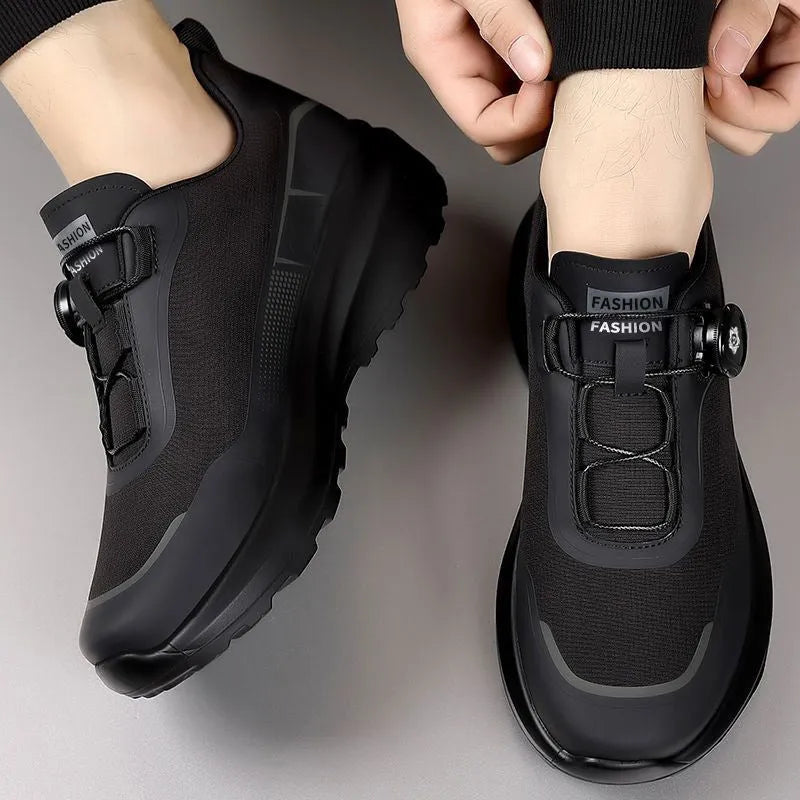 Men's thick sole rotating button casual sneakers in army green with PVC platform and mesh lining