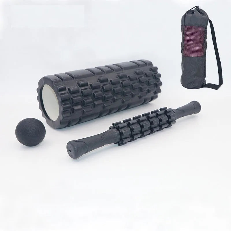 Black six-piece segmented foam massage roller measuring 33cm in length