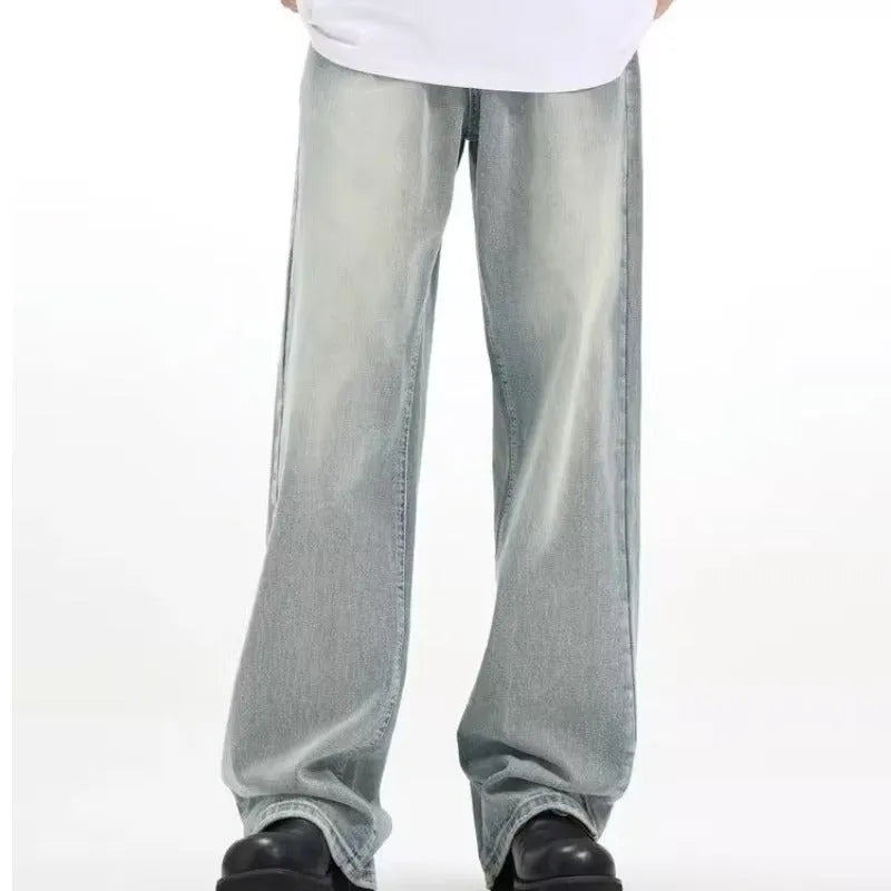 Blue men's loose casual trousers with a retro style and elasticated waistband.