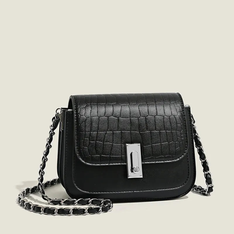 Black soft PU leather women's chain crossbody bag with square shape and chain strap