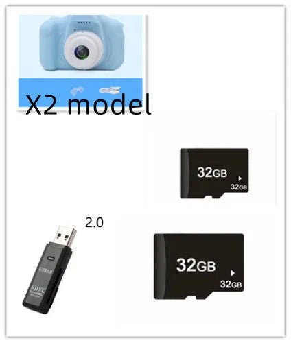 X2 HD mini cartoon kids digital camera in silicone body with 2-inch screen and lanyard.