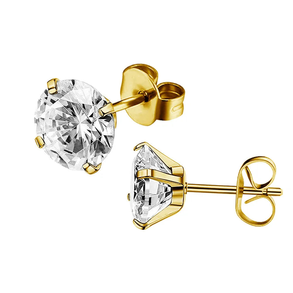Titanium steel square geometric zircon stud earrings in gold or steel finish with multiple stone sizes