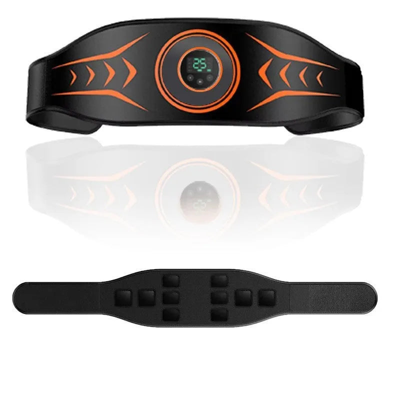 EMS abdominal muscle stimulator belt with rechargeable host unit, arm stickers, and extension strap for home fitness training