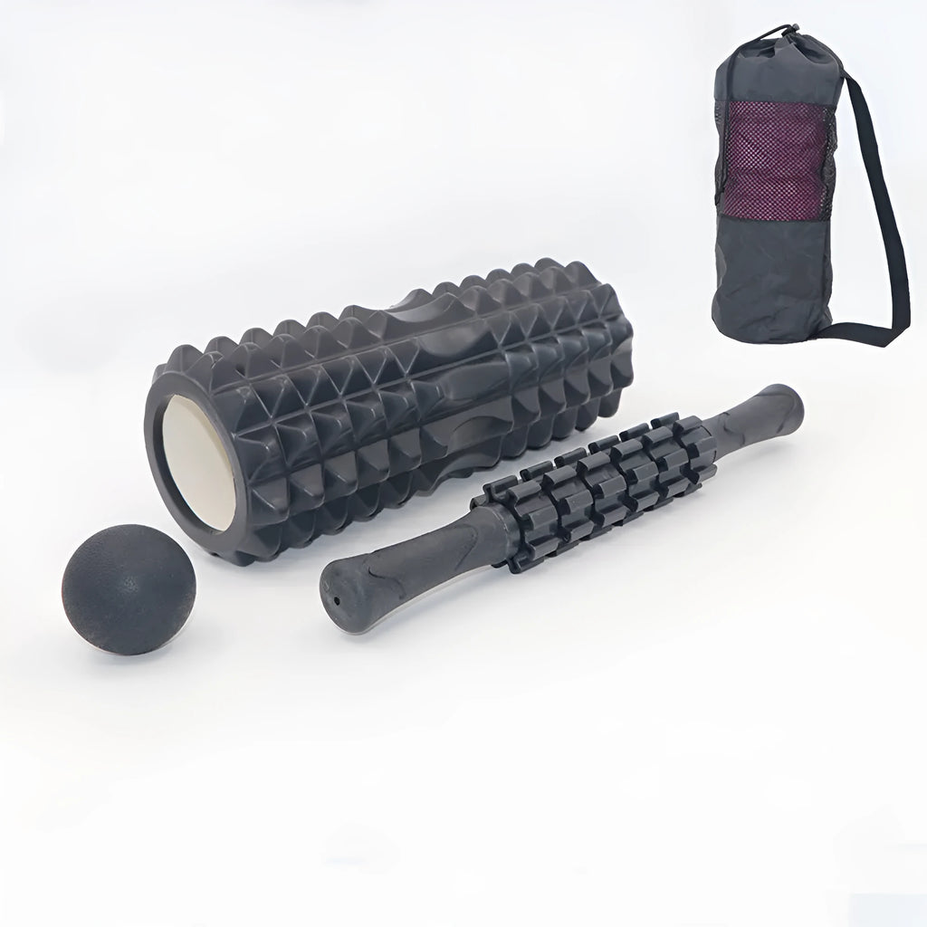 Black six-piece segmented foam massage roller measuring 33cm in length