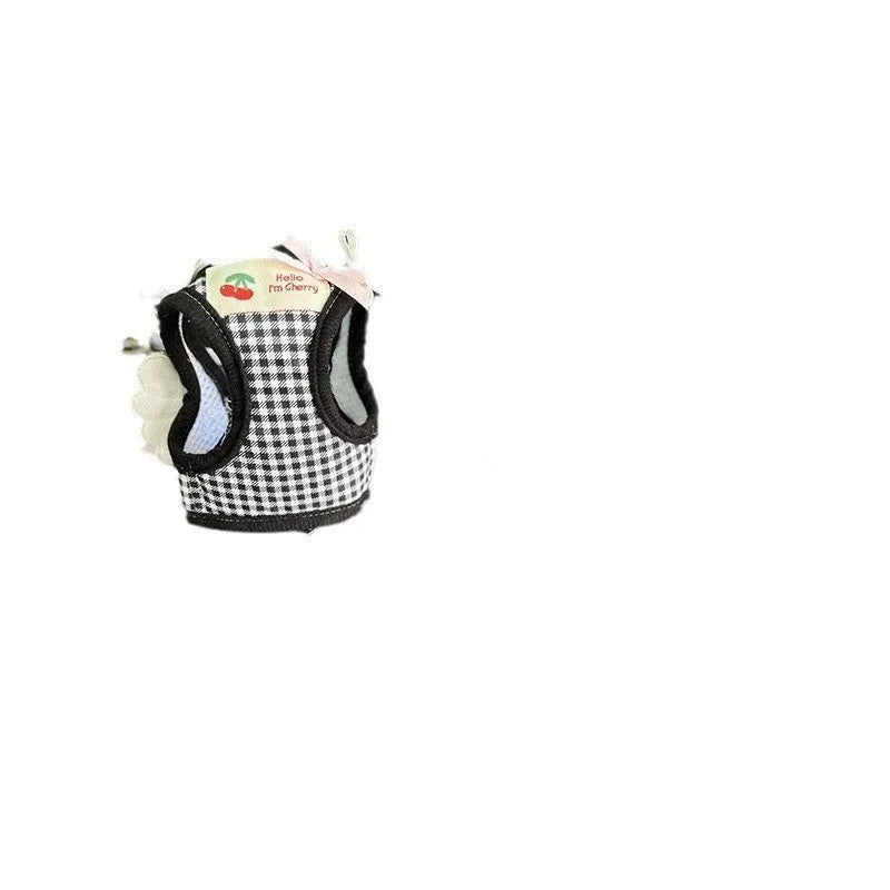 Pink cotton chest-back dog harness with handle for small dogs on a white background.