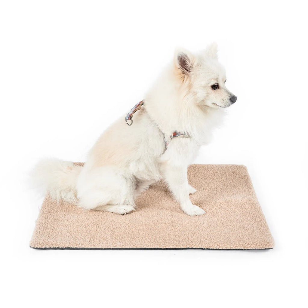 Grey self-heating plush pet pad for cats and dogs on a wooden floor.