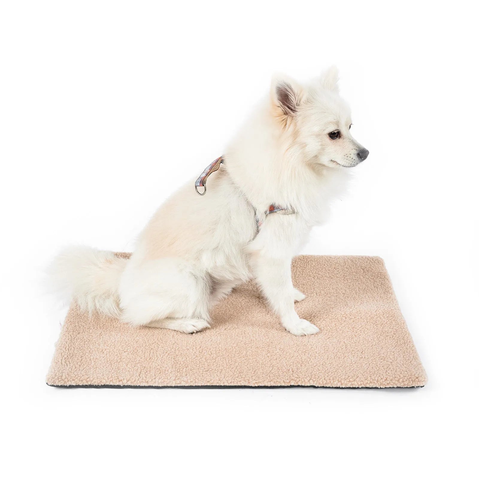 Grey self-heating plush pet pad for cats and dogs on a wooden floor.