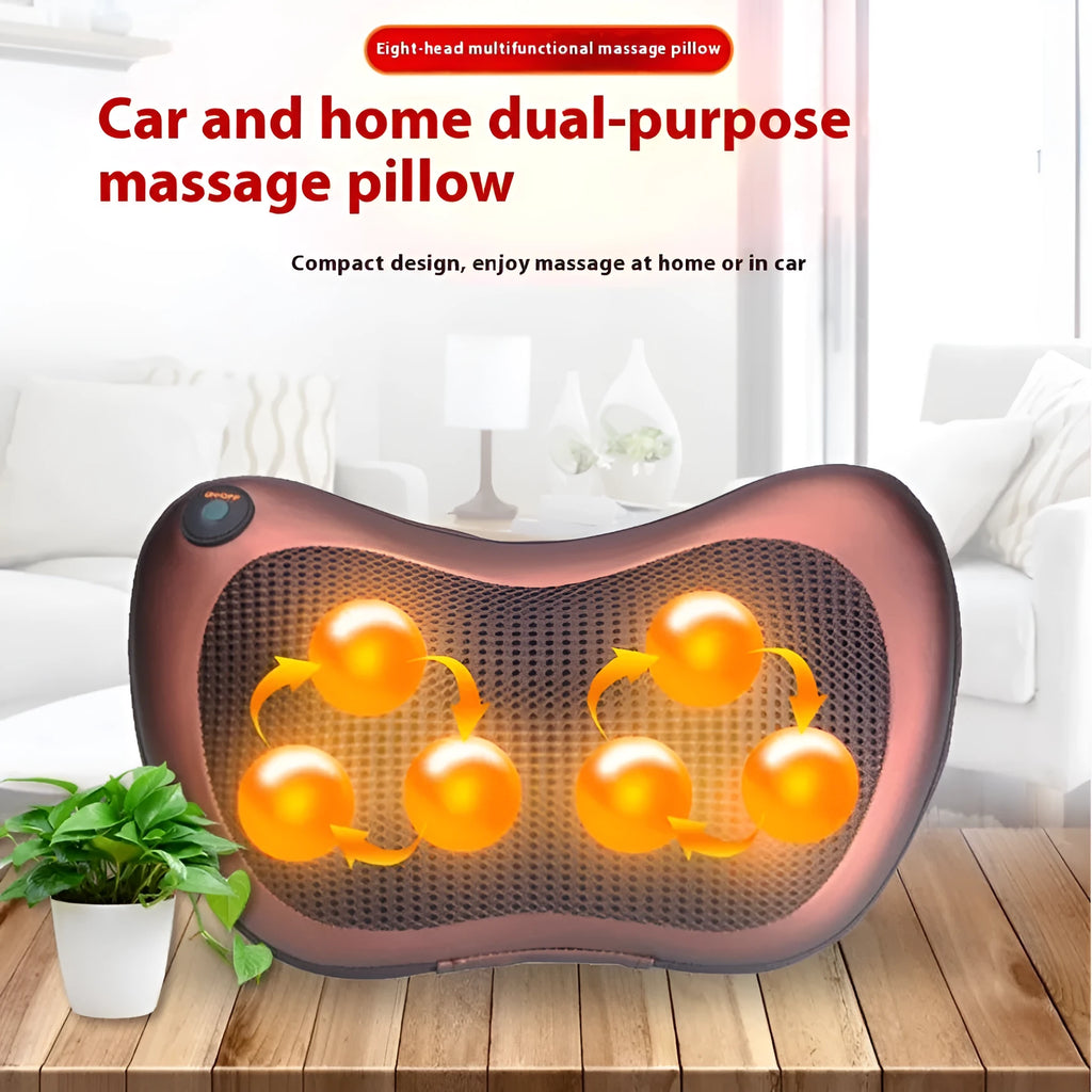 Brown genuine leather shoulder and neck massage pillow with eight vibration heads