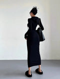 Women's grey hooded long sleeve sheath dress with an over-the-knee length