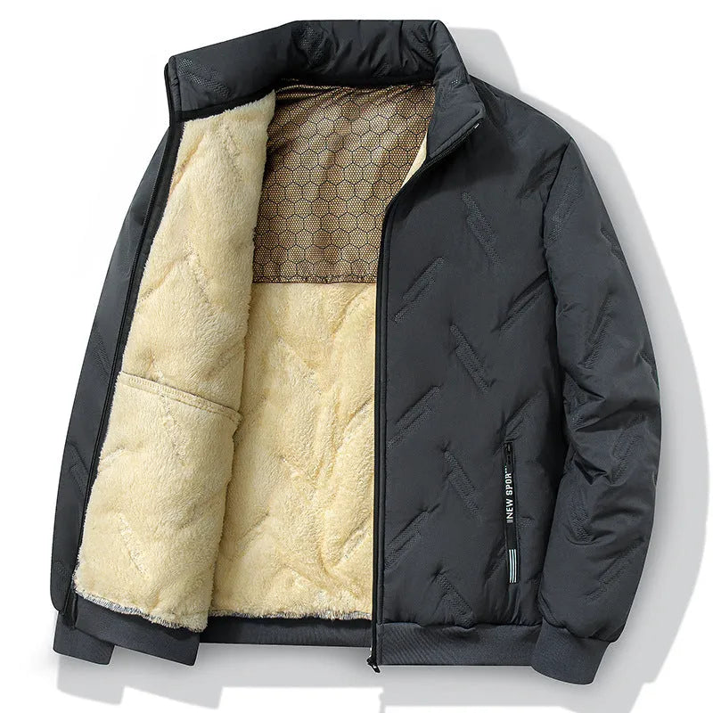 Men's graphene-design winter coat in black, thickened fleece, long sleeves, casual style