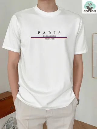 Men's loose fit cotton t-shirt with a printed letter design on the front, shown in apricot colour.